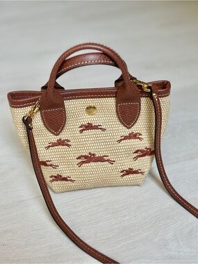 Longchamp Le Panier Pliage Top Handle Bag XS Leather Trim Raffia Basket W/Strap